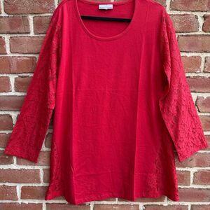 Pyramid Collection Scoop Neck Floral Lace 100% Cotton Tunic Top Red 3X NWOT